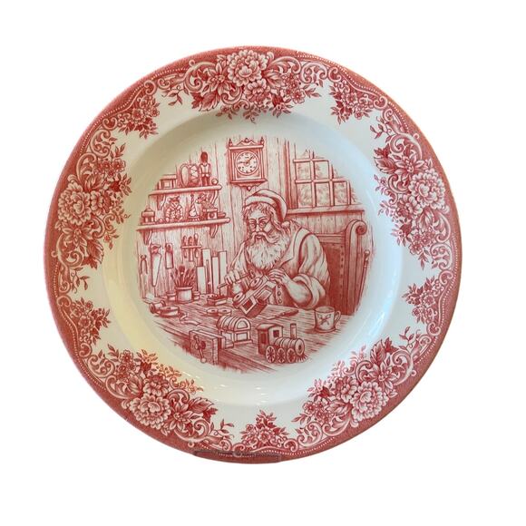 4pc Royal Stafford Christmas SANTA'S WORKSHOP Porcelain Dinner Plates 11" Red - Picture 2 of 15